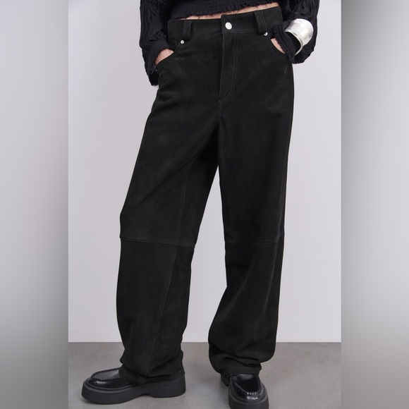 Zara Suede Leather Pants L Black NWT - Picture 1 of 8